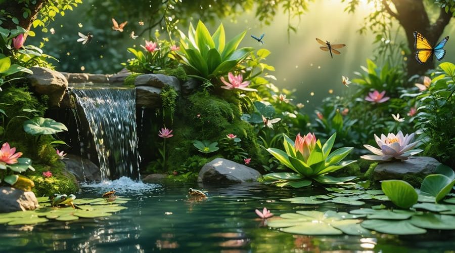 Serene backyard pond habitat with diverse aquatic plants, a gentle waterfall, and visiting wildlife including dragonflies and frogs, under a summer sun.