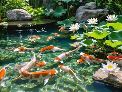 A peaceful koi pond with clear water, colorful koi fish, and diverse aquatic plants, exemplifying a balanced pond ecosystem.