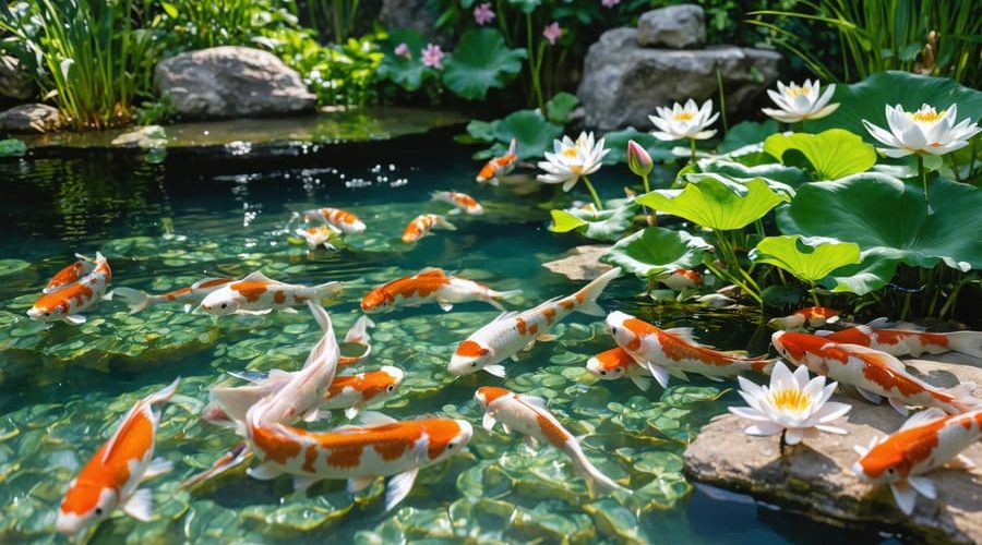 A peaceful koi pond with clear water, colorful koi fish, and diverse aquatic plants, exemplifying a balanced pond ecosystem.