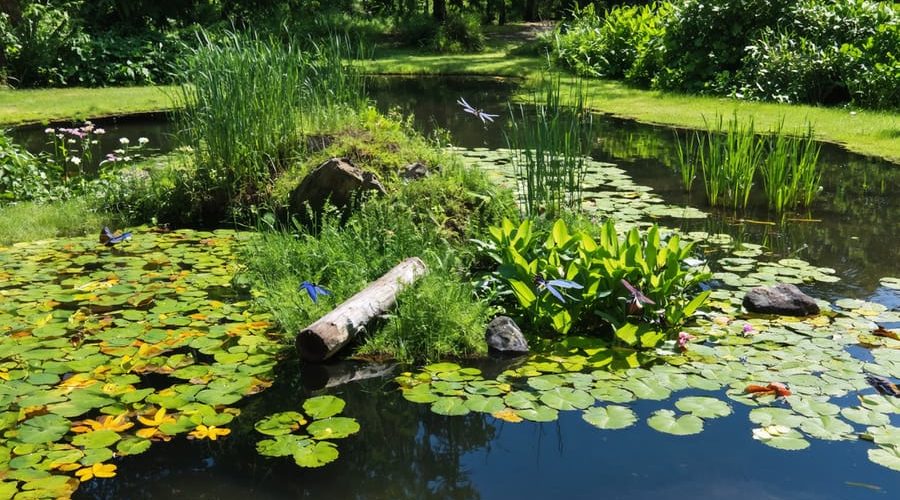 A vibrant permaculture pond with diverse aquatic plants, clear water, and natural features like rocks and logs, illustrating a thriving ecosystem with visible dragonflies and birds.