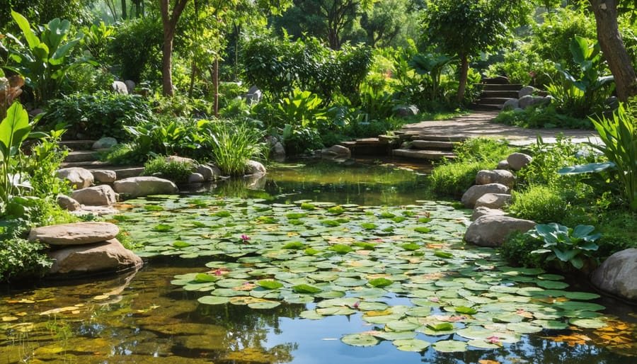 Permaculture pond showcasing biodiversity and healthy aquatic environment