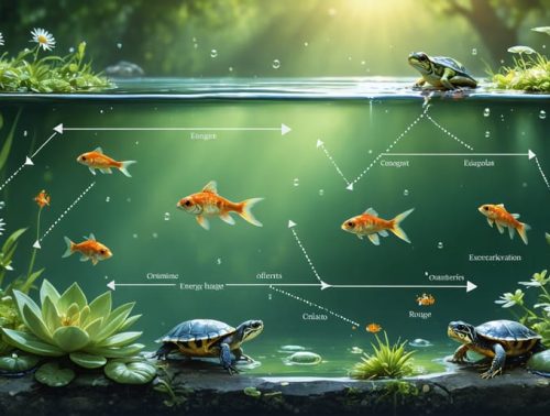 Detailed illustration of a thriving pond ecosystem featuring algae, aquatic plants, fishes, turtles, frogs, and energy transfer arrows, symbolizing the interconnected food web.