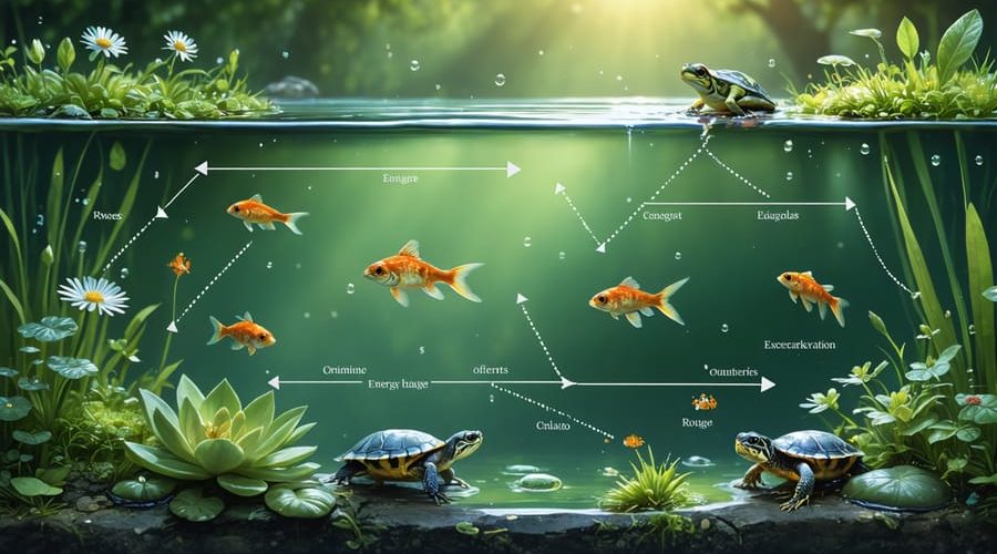 Detailed illustration of a thriving pond ecosystem featuring algae, aquatic plants, fishes, turtles, frogs, and energy transfer arrows, symbolizing the interconnected food web.