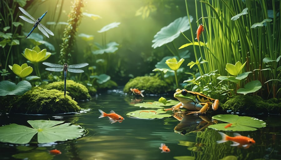 Closeup of a healthy pond ecosystem showcasing diverse aquatic vegetation, fish, and beneficial wildlife