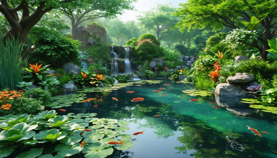 Thriving pond ecosystem showcasing diverse aquatic life