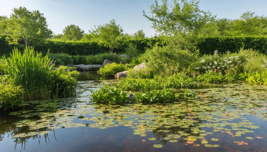 A well-established wildlife pond featuring diverse native aquatic plants and a natural edge