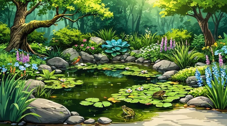 A vibrant wildlife pond oasis set in a lush garden, showcasing a variety of native aquatic plants, gently sloping edges, and small wildlife like frogs and birds enjoying the serene ecosystem.