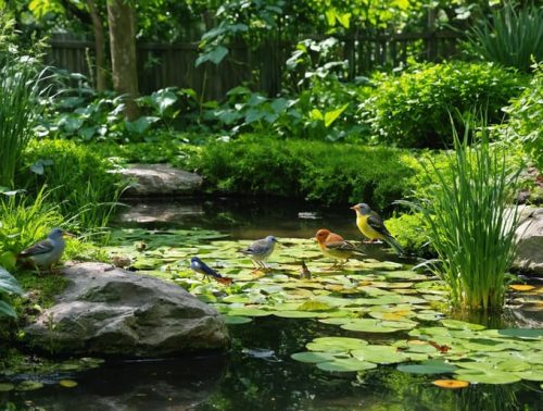 A picturesque backyard wildlife pond surrounded by lush plants, with birds and insects engaging with the diverse ecosystem under dappled sunlight.