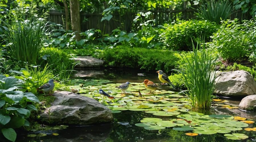 A picturesque backyard wildlife pond surrounded by lush plants, with birds and insects engaging with the diverse ecosystem under dappled sunlight.