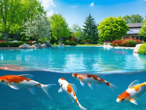 A peaceful pond with crystal-clear water, vibrant fish, and visible aeration system maintaining water quality and clarity.