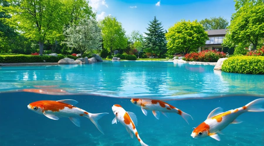 A peaceful pond with crystal-clear water, vibrant fish, and visible aeration system maintaining water quality and clarity.