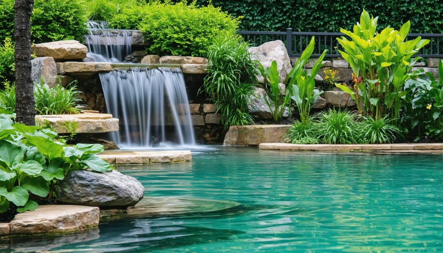 Beautiful backyard pond habitat featuring a waterfall and diverse aquatic plants