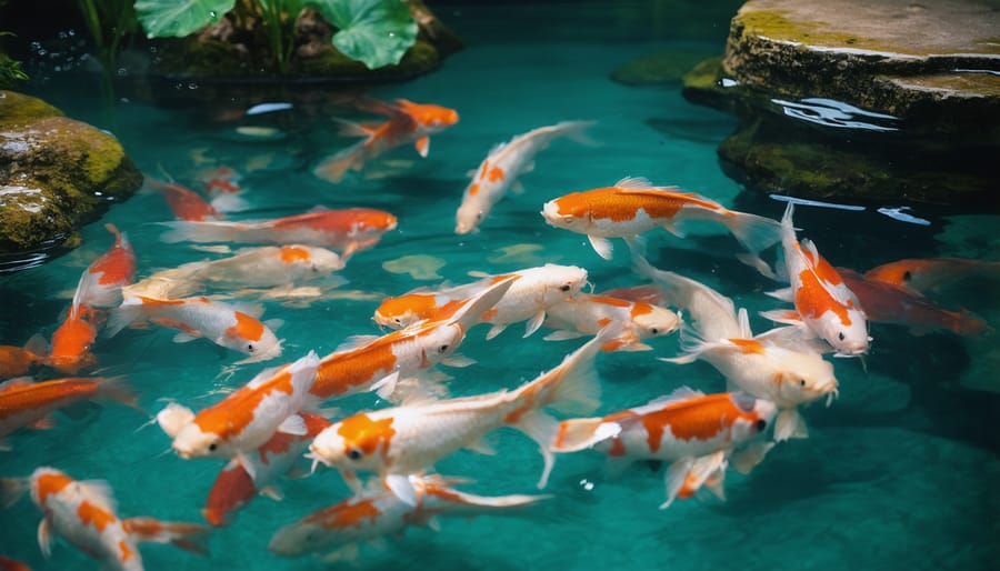 Serene koi pond with vibrant flora and healthy koi fish