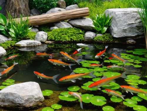 A serene backyard pond featuring native minnows swimming among aquatic plants, rocks, and logs, representing a balanced and thriving pond ecosystem.