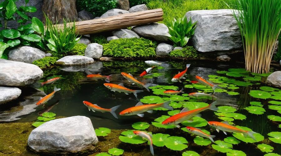 A serene backyard pond featuring native minnows swimming among aquatic plants, rocks, and logs, representing a balanced and thriving pond ecosystem.