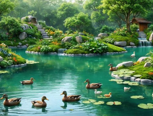 A serene pond habitat designed for waterfowl, with ducks swimming among various aquatic plants and gently sloped, plant-covered banks.