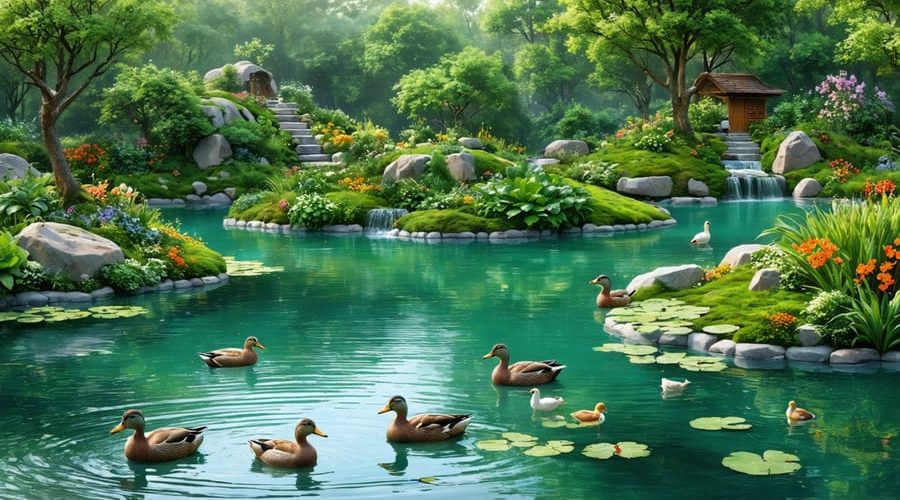 A serene pond habitat designed for waterfowl, with ducks swimming among various aquatic plants and gently sloped, plant-covered banks.