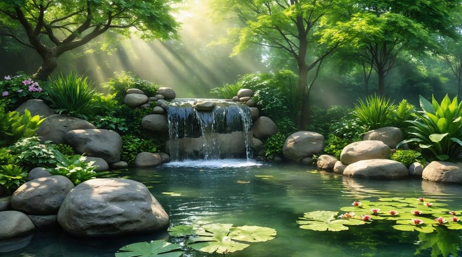 A peaceful zen water garden featuring a serene pond with a small waterfall and surrounded by lush aquatic plants and stones.