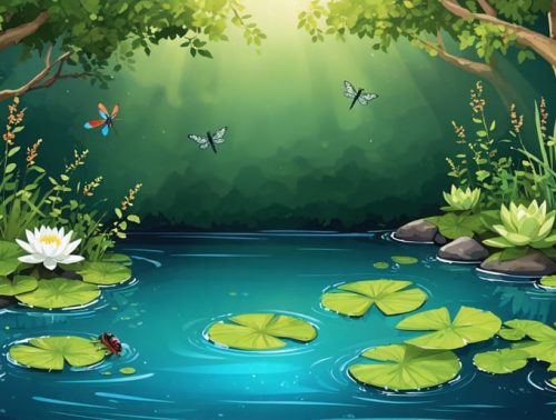 A colorful and vibrant pond showcasing a diverse array of aquatic plants and wildlife, symbolizing a thriving and balanced ecosystem.