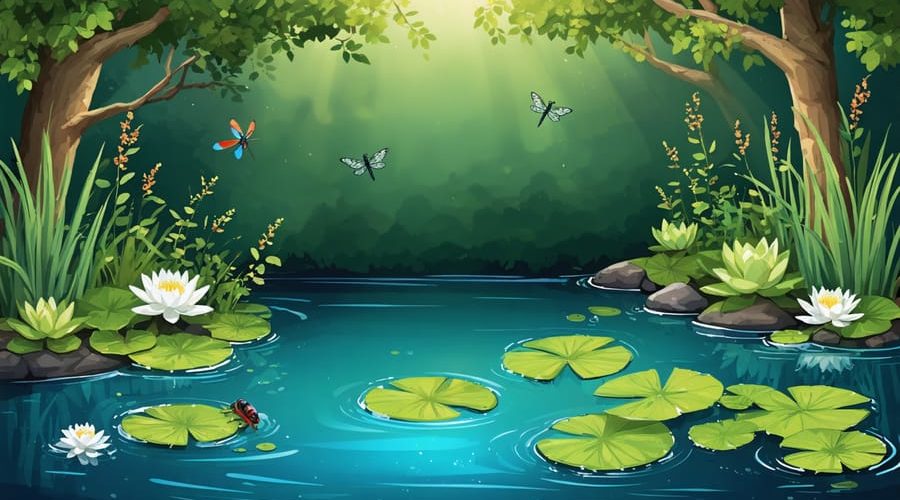 A colorful and vibrant pond showcasing a diverse array of aquatic plants and wildlife, symbolizing a thriving and balanced ecosystem.