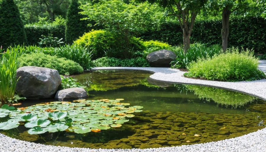 Beautiful water garden featuring an evaporation pond and diverse plant life