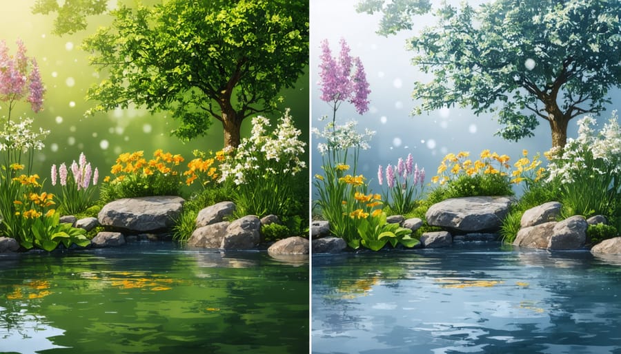 Contrasting images of a lush summer water garden and a dormant winter water garden