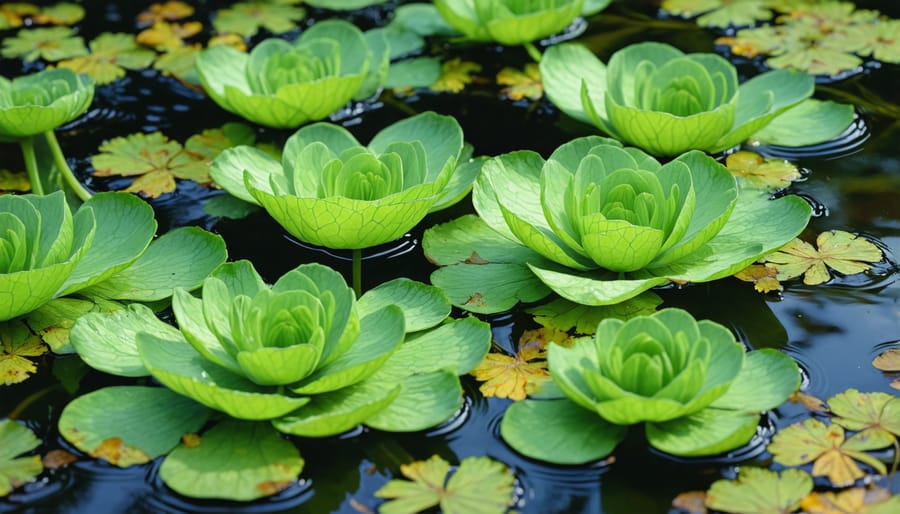 Water lettuce floating plants forming a green mat on a pond's surface