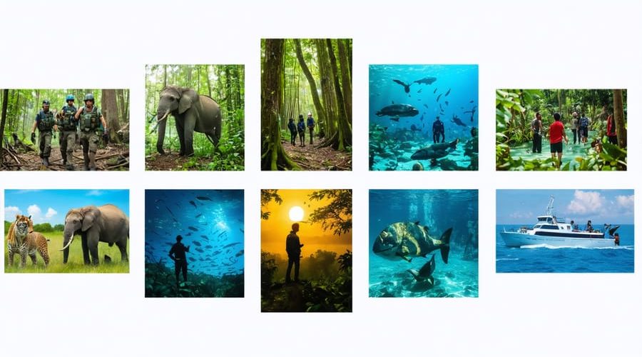 A creative collage depicting the 7 pillars of wildlife conservation, including habitat protection, anti-poaching efforts, community education, marine life in protected waters, field research activities, and sustainable development practices, symbolizing the interconnectedness of conservation strategies.