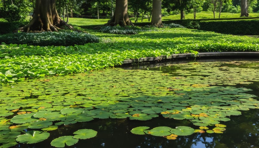 Variety of healthy submerged, marginal, and floating aquatic plants in a pond ecosystem