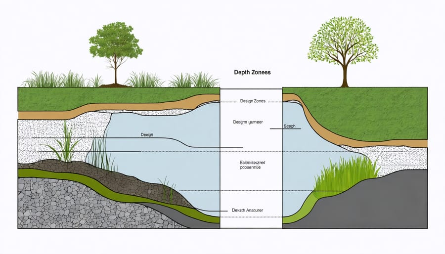 Cross-sectional diagram of a wildlife pond showcasing different depth zones and features