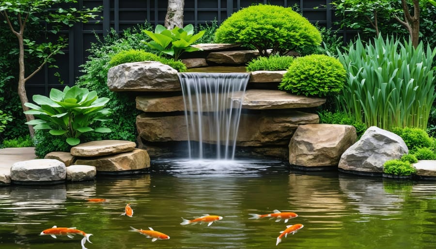 Tranquil zen water garden featuring a waterfall, pond, and aquatic vegetation