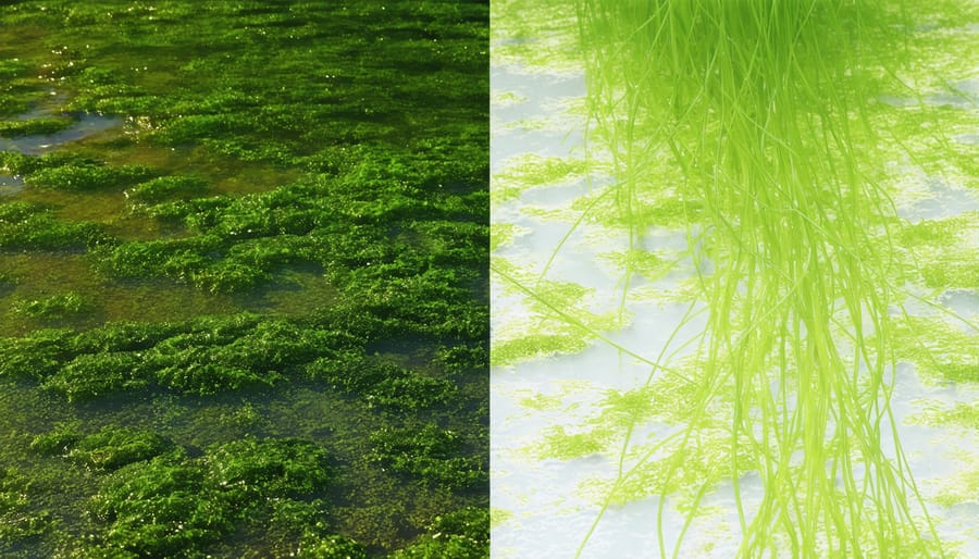 Split image showing stringy algae on left and green cloudy pond water on right