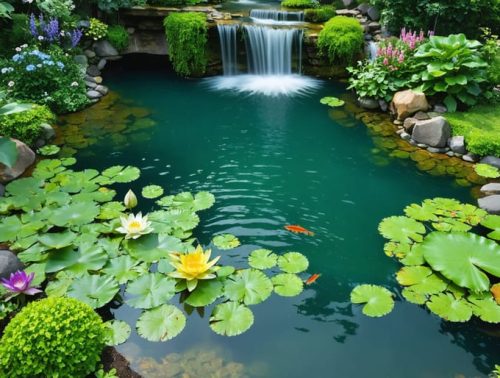 Aerial view of a tranquil backyard ecosystem pond with vibrant water lilies, cascading waterfalls, various plant zones, and clear water, providing a peaceful sanctuary rich with aquatic life.