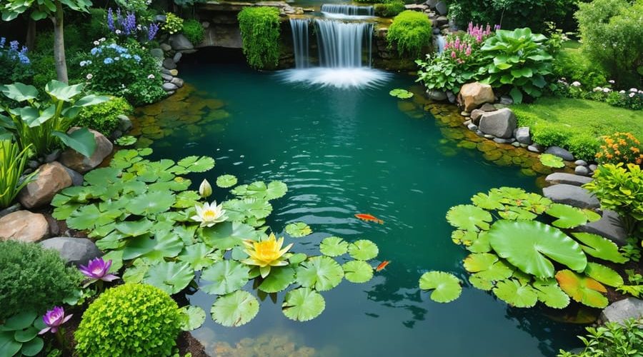 Aerial view of a tranquil backyard ecosystem pond with vibrant water lilies, cascading waterfalls, various plant zones, and clear water, providing a peaceful sanctuary rich with aquatic life.