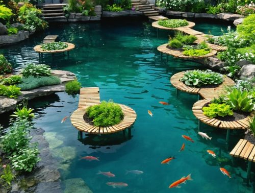 Aerial view of a backyard featuring a vibrant fish pond integrated with hydroponics, displaying lush green plants on floating rafts with fish swimming beneath clear water, demonstrating a self-sustaining ecosystem.