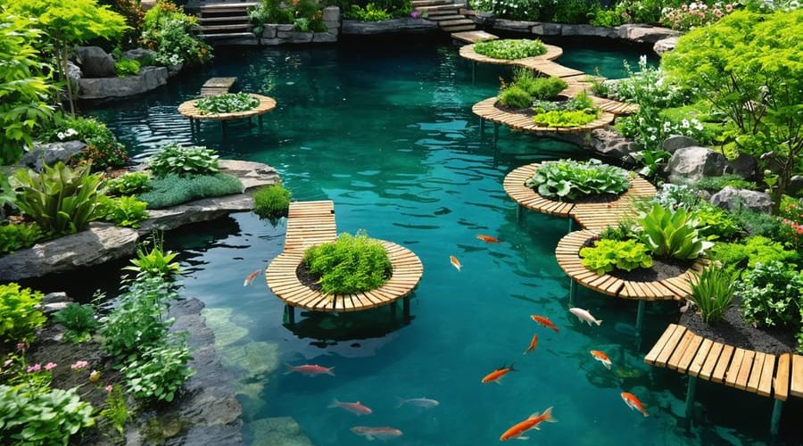 Aerial view of a backyard featuring a vibrant fish pond integrated with hydroponics, displaying lush green plants on floating rafts with fish swimming beneath clear water, demonstrating a self-sustaining ecosystem.