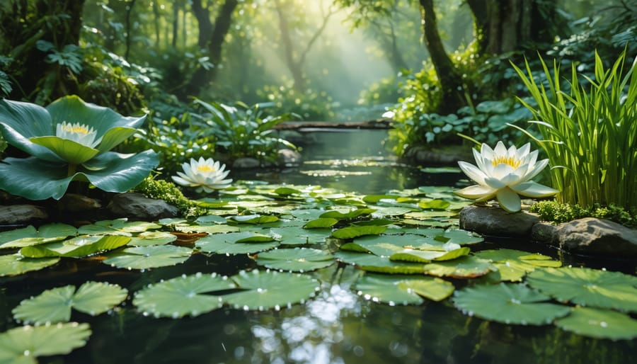 Well-balanced pond ecosystem showing various types of aquatic plants working together