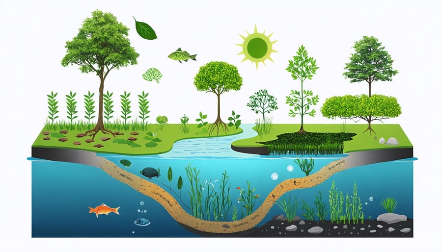 Illustrated diagram of carbon dioxide cycling through different layers of a biopond ecosystem