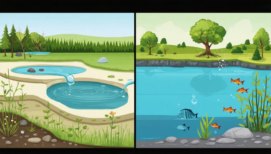 Side-by-side comparison of a sterile, chemically treated pond and a thriving natural pond with plants and wildlife