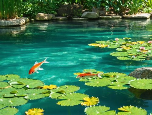 A peaceful pond with clear water, abundant aquatic plants, and visible fish, representing effective algae control and natural beauty.