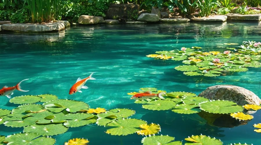 A peaceful pond with clear water, abundant aquatic plants, and visible fish, representing effective algae control and natural beauty.