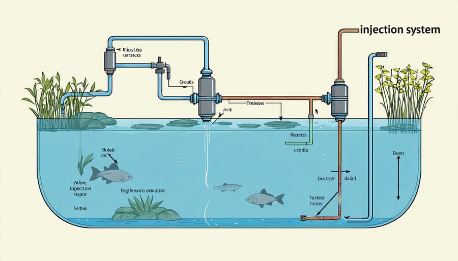 Technical illustration of a pond CO2 injection system with labeled parts