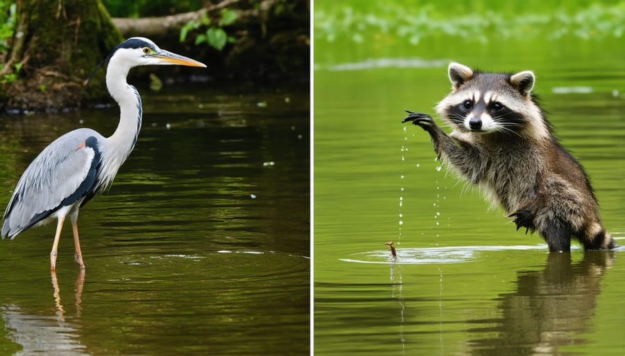 Common pond predators including a heron fishing, raccoon at water's edge, and large bass hunting smaller fish