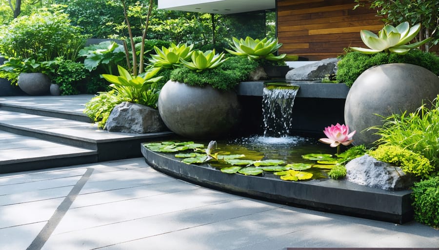 Small container water garden with miniature fountain and flowering water lilies on wooden deck