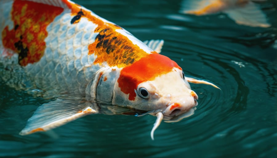 Koi fish gasping for air at the pond surface due to low oxygen levels