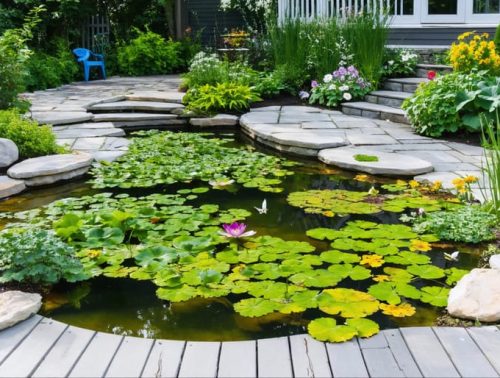 A tranquil backyard garden with a newly built wildlife pond, featuring sloping sides, native plants, and small wildlife like frogs and dragonflies, providing a sanctuary for biodiversity amidst a lush garden.