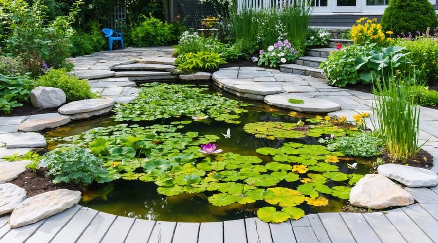 A tranquil backyard garden with a newly built wildlife pond, featuring sloping sides, native plants, and small wildlife like frogs and dragonflies, providing a sanctuary for biodiversity amidst a lush garden.