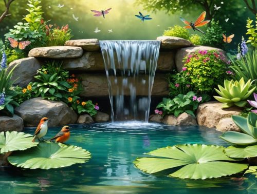 A scenic garden pond with a cascading waterfall surrounded by lush aquatic plants, providing a serene and wildlife-friendly habitat.