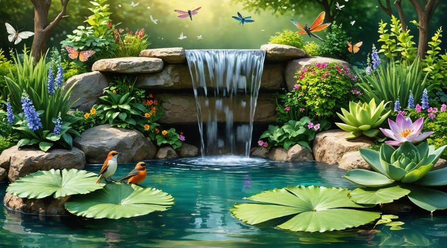 A scenic garden pond with a cascading waterfall surrounded by lush aquatic plants, providing a serene and wildlife-friendly habitat.