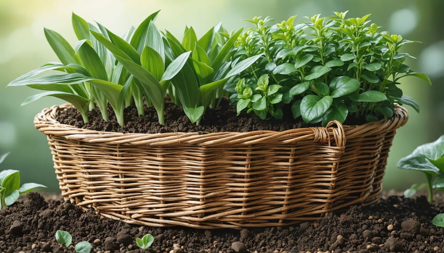 Biodegradable pond planting basket with aquatic soil and marsh marigolds being planted